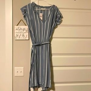 Loft blue and white striped dress with tie around for waist